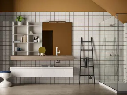 Mobile da Bagno sospeso in melaminico olmo color corda e bianco Lapis 02 di Birex