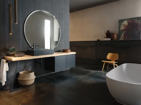 Mobile Bagno da appoggio in laccato opaco nero con piano in legno e lavabo in gres INK PRESTIGE NK21 di Compab