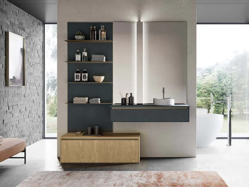 Mobile da Bagno sospeso in laccato opaco grigio antracite e canneté essenza rovere naturale Traccia 06 di Birex