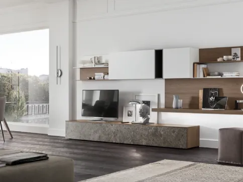 Parete Attrezzata Seta SA2230 in melaminico marmo Ash Stone, Rovere, Avena, Bianco e laccato opaco Ferro di Maronese Acf