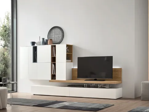 Parete Attrezzata Seta Unix SU2104 in melaminico Rovere nodato, Bianco e laccato opaco Cotto, Ceruleo di Maronese Acf