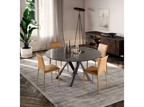 Tavolo rotondo Emisfero Fisso con top in Cristallo Ceramica Noir Desir e base in metallo di Ozzio