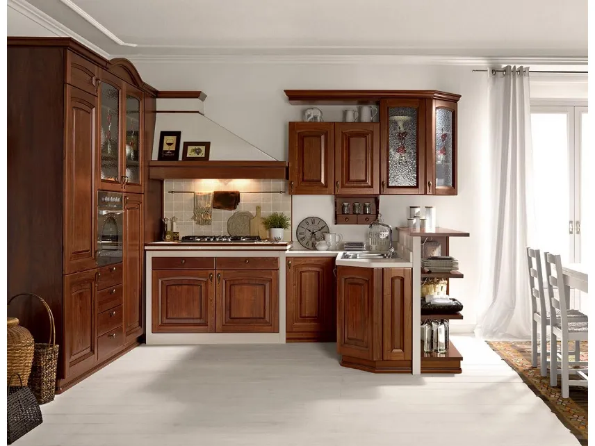 Cucina Classica in muratura ad angolo Ducale 03 in legno massello di Noce di Astra