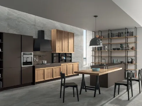 Cucina Design con penisola Atelier 01 in legno di Rovere nodato e laccato opaco Cacao di Astra