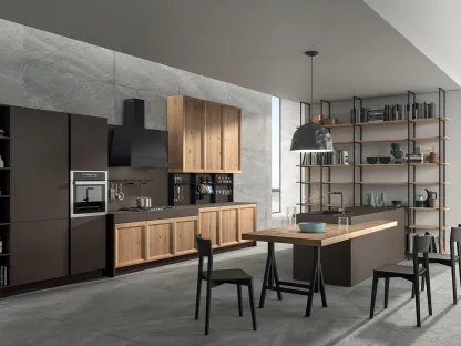 Cucina Design con penisola Atelier 01 in legno di Rovere nodato e laccato opaco Cacao di Astra