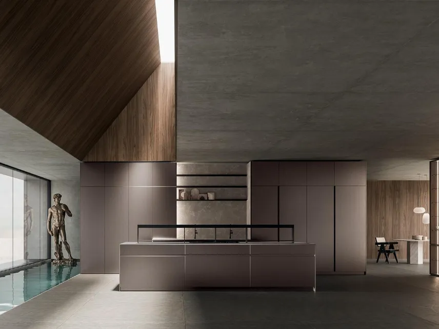 Cucina Design con isola HC08 01 Minimal in laccato rigato metal di Astra