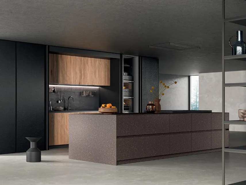 Cucina Design con isola HC08 02 Minimal in laccato speciale pietra e krekelle di Astra