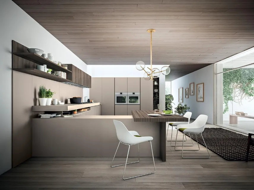 Cucina Design con penisola XXL 07 in laccato opaco creta e laminato di Astra