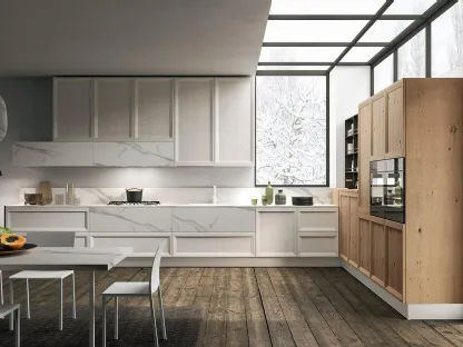 Cucina Design angolare Atelier 03 in Frassino laccato Perla e Rovere Nodato Naturale di Astra