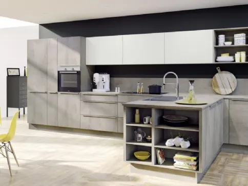 Cucina Design con penisola Stone Calcestruzzo e Lux Bianco di Nolte