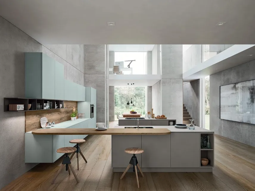 Cucina Design con isola e penisola XXL 03 Vitrum in laccato opaco Londra e vetro di Astra