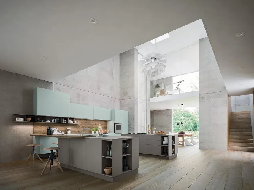 Cucina Design con isola e penisola XXL 03 Vitrum in laccato opaco Londra e vetro di Astra