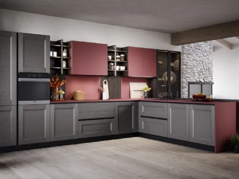 Cucina Moderna angolare Asia in materico laccato antracite e laccato opaco rosso porto di Forma la cucina