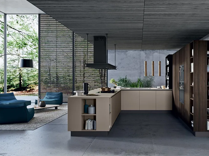 Cucina Moderna con penisola Zen 01 in laminato finitura Terranova e Rovere Indy di Astra