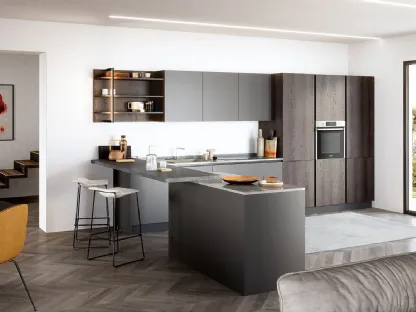 Cucina Moderna con penisola Colibrì Gola Blues in finitura laccato grigio irlanda e rovere fumo di Forma la cucina