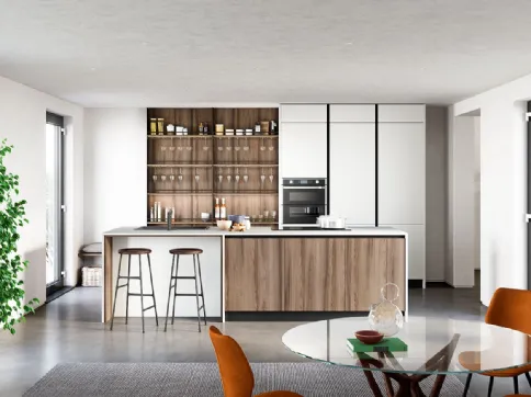 Cucina Moderna lineare Colibrì Gola Blues in finitura noce nordico e bianco giappone di Forma la cucina