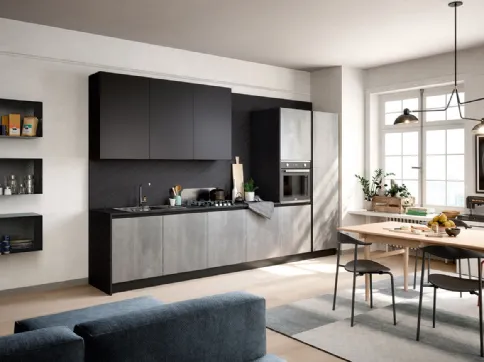 Cucina Moderna lineare Colibrì Presa in finitura cemento grey e laccato nero texas di Forma la cucina