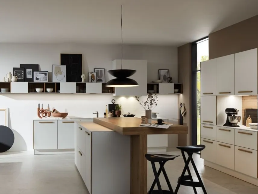 Cucina Moderna con isola Flair Weiss Rovere Vulcano e Bianco di Nolte