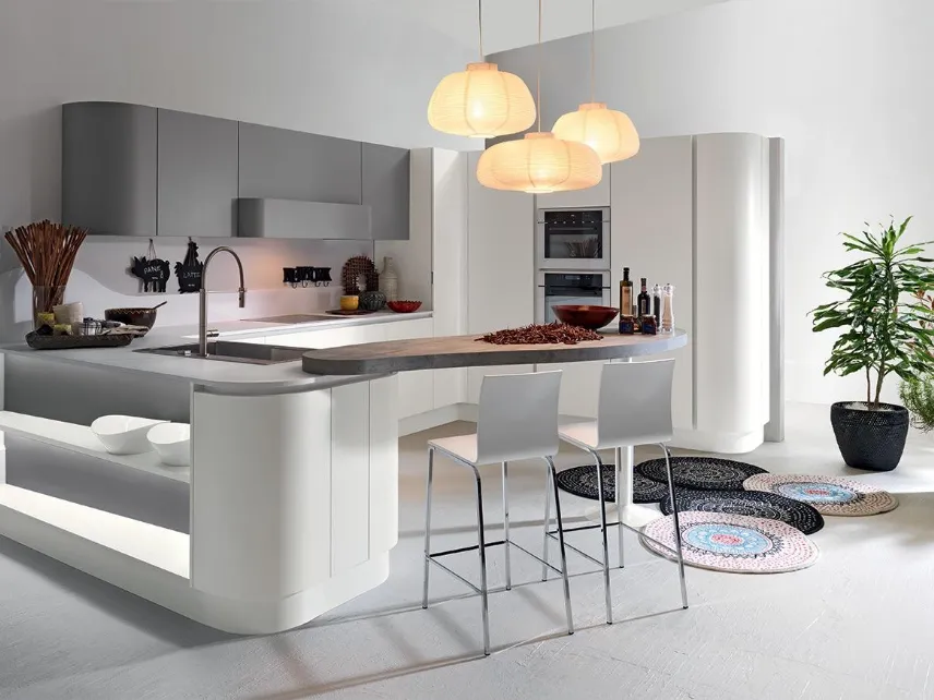 Cucina Moderna angolare con penisola SP22 01 in laccato opaco Bianco e Ferro di Astra