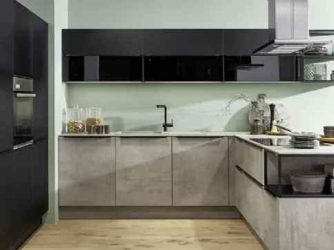 Cucina Moderna ad angolo con penisola Stone Beton Feel e Nero di Nolte