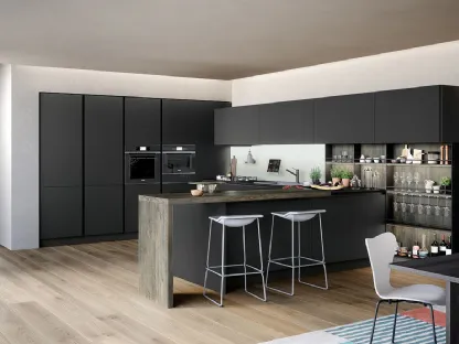 Cucina Moderna angolare Trend Grip in laminato fenix nero ingo con bancone penisola in finitura abete antico di Forma la cucina