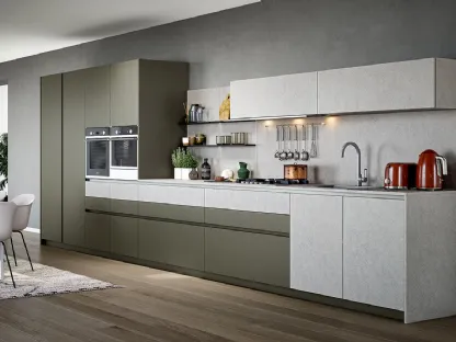 Cucina Moderna Trend lineare in laccato opaco muschio e finitura pietra piave di Forma la cucina