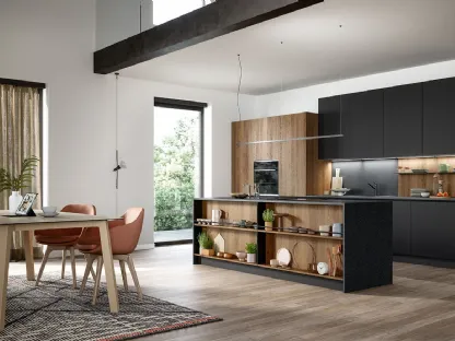 Cucina Moderna con isola Trend Linea in finitura nero seta e rovere arizona di Forma la cucina