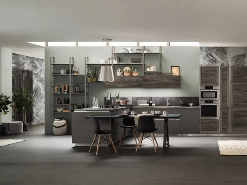Cucina Moderna con penisola Twin 08 in HPL Nichel e Okobo Dark di Arrex