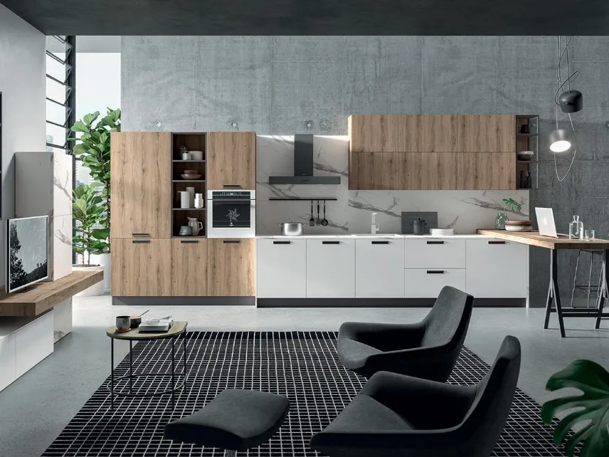 Cucina Moderna con penisola Zen 02 in laminato finitura Bianco assoluto e Rovere chiaro di Astra