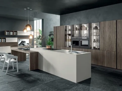 Cucina Moderna con isola Zen 05 in laccato opaco Efeso e laminato Rovere Scuro di Astra