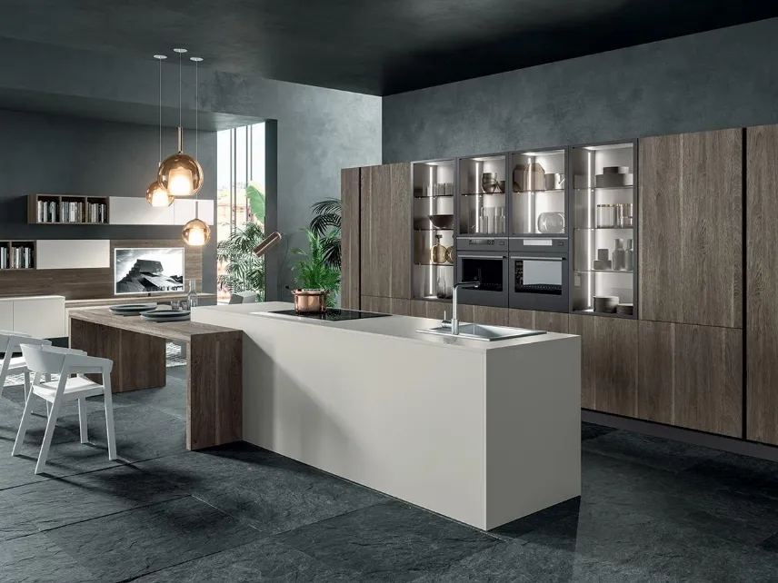 Cucina Moderna con isola Zen 05 in laccato opaco Efeso e laminato Rovere Scuro di Astra