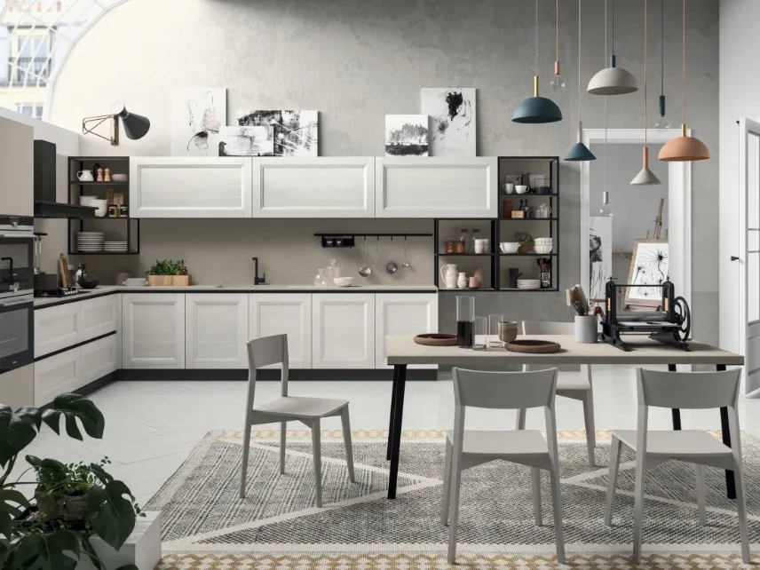 Cucina su misura angolare Ego 03 in laminato finitura Frassino Bianco e Resina Sabbia di Astra