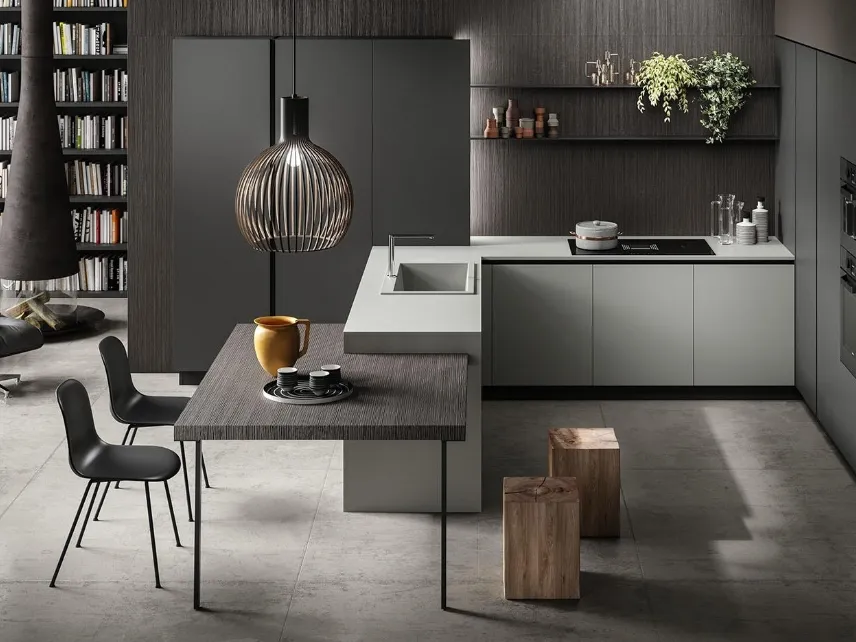 Cucina su misura angolare con penisola Zen 03 in laminato finitura Canapa e Antracite di Astra